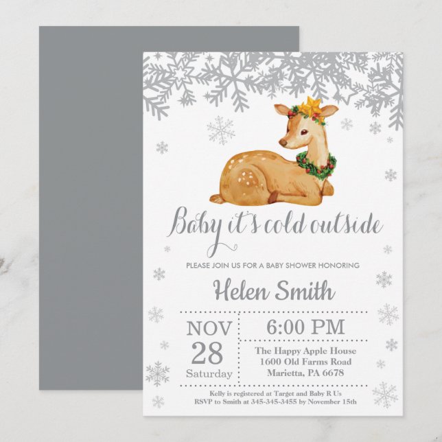 Deer Winter Baby Shower Snowflake Invitation (Front/Back)