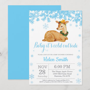 Deer Winter Blue Boy Baby Shower Snowflake Invitation