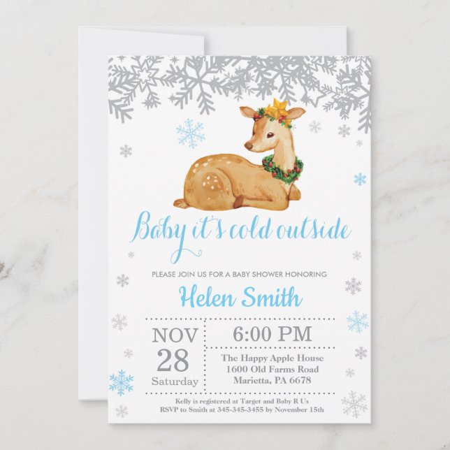 Deer Winter Blue Boy Baby Shower Snowflake Invitation (Front)