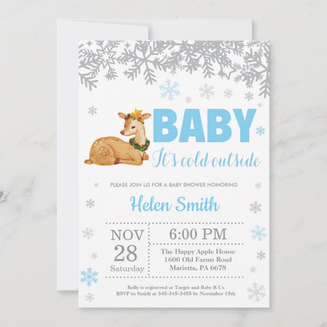 Deer Winter Blue Boy Baby Shower Snowflake Invitation (Front)
