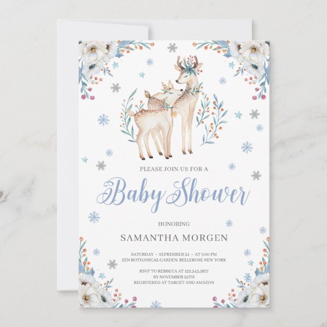 Deer Winter Blue Floral Silver rustic baby shower Invitation (Front)