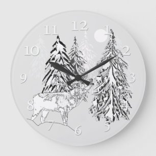 Deer , winter, forest, Christmas trees, monochrome Large Clock