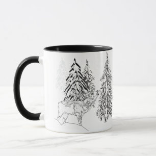 Deer , winter, forest, Christmas trees, monochrome Mug