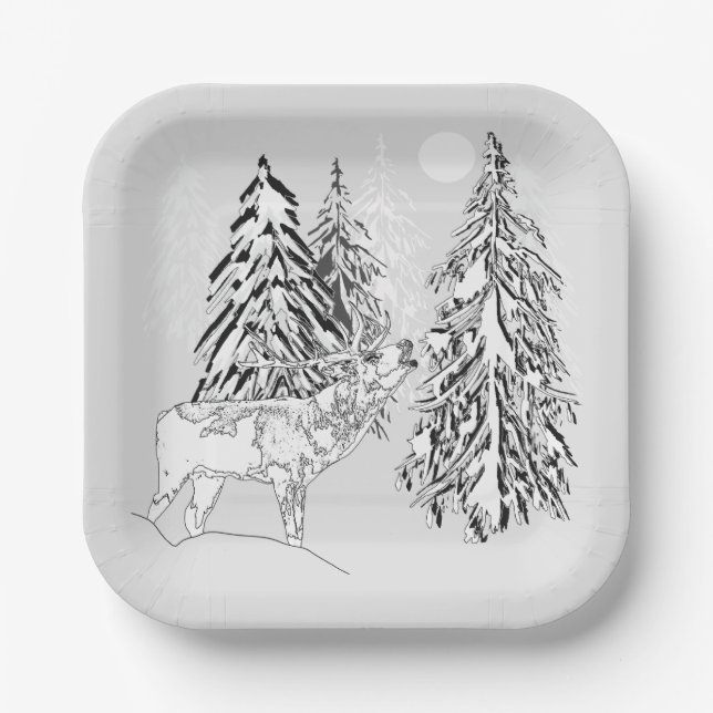 Deer , winter, forest, Christmas trees, monochrome Paper Plate (Front)