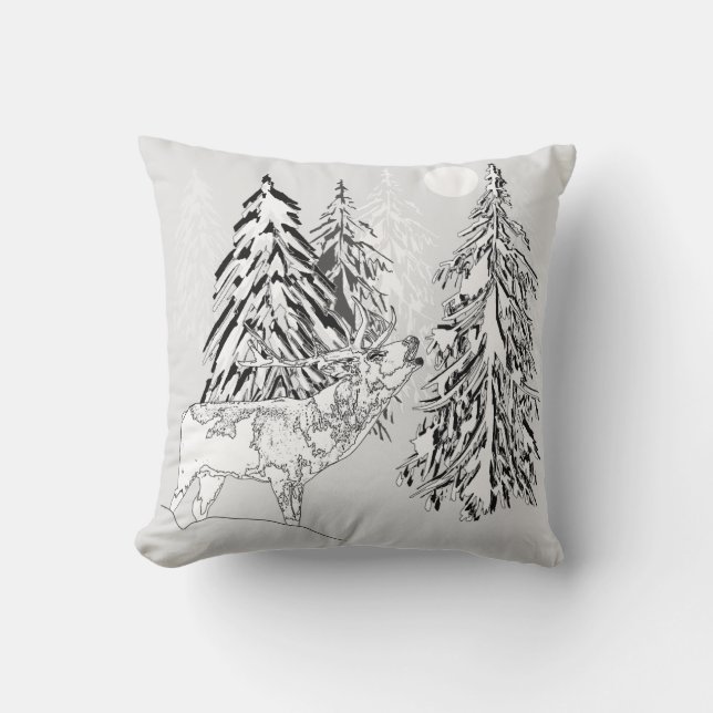 Deer , winter, forest, Christmas trees, monochrome Throw Pillow (Front)
