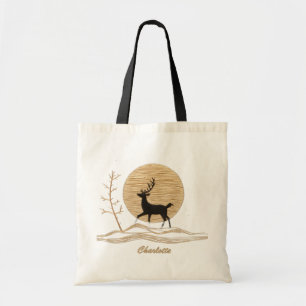 Deer Winter Moon Modern Personalized Name Tote Bag