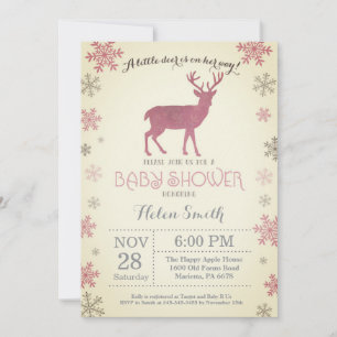 Deer Winter Pink Girl Baby Shower Snowflake Invitation