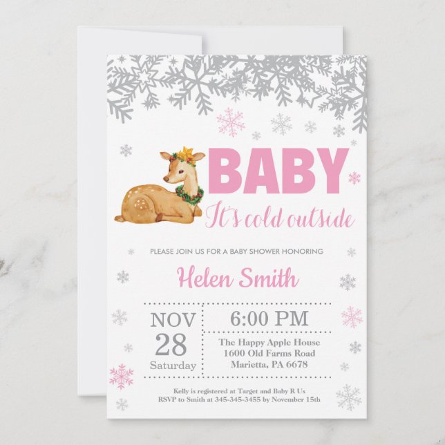 Deer Winter Pink Girl Baby Shower Snowflake Invitation (Front)