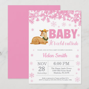 Deer Winter Pink Girl Baby Shower Snowflake Invitation