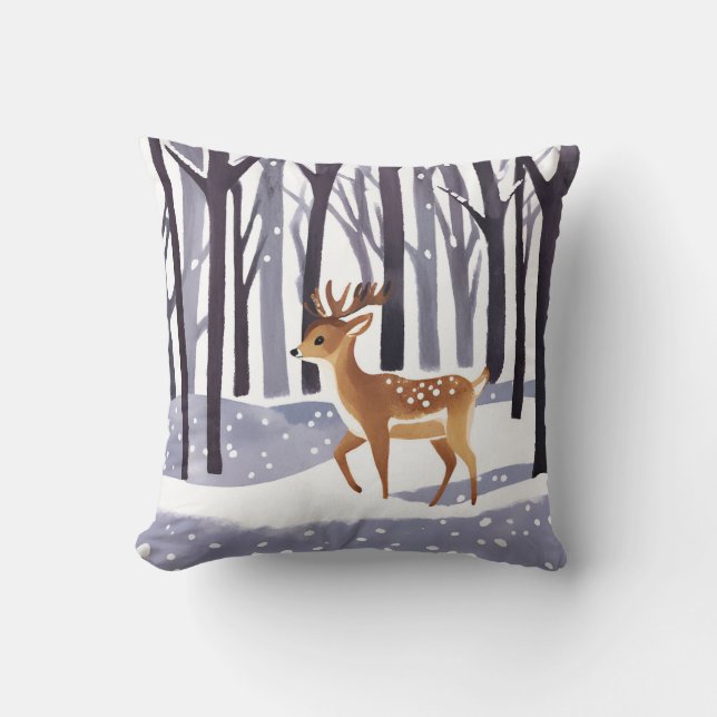 Deer Winter Snowy Woods Christmas Holiday Throw Pillow (Front)