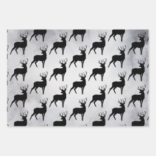 Deer with Antlers Black Silhouette Pattern Wrapping Paper Sheet