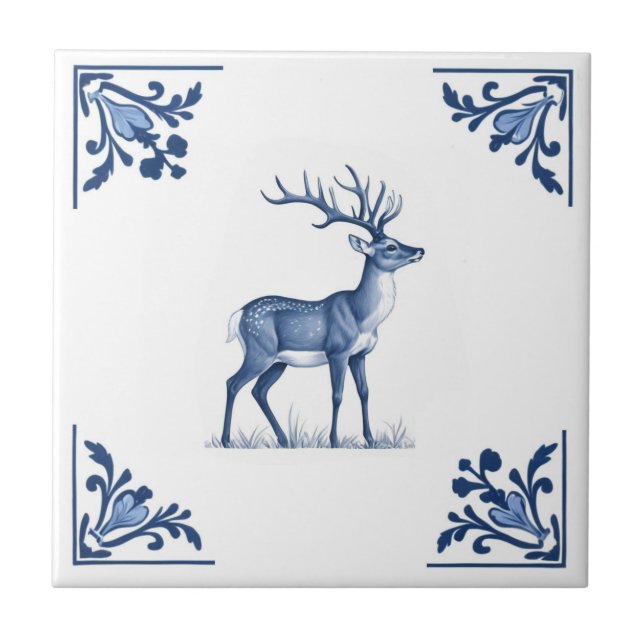 Deer with antlers Delft Blue and White Corners Tile (Front)