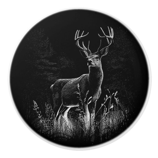 Deer with antlers framed by field and tree     ceramic knob (Front)