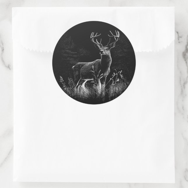 Deer with antlers framed by field and tree   classic round sticker (Bag)