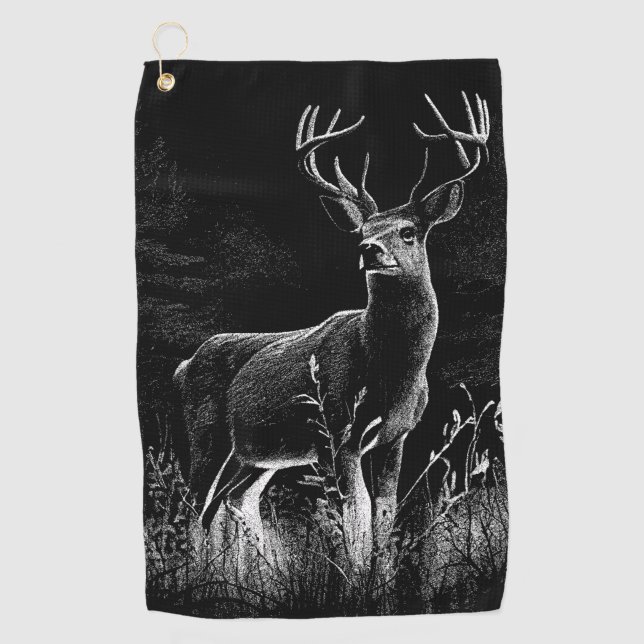Deer with antlers framed by field and tree   golf towel (Front)