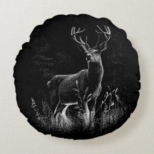 Deer with antlers framed by field and tree    round pillow