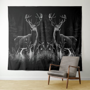 Deer with antlers framed by field and tree tapestry