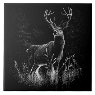 Deer with antlers framed by field and tree    tile