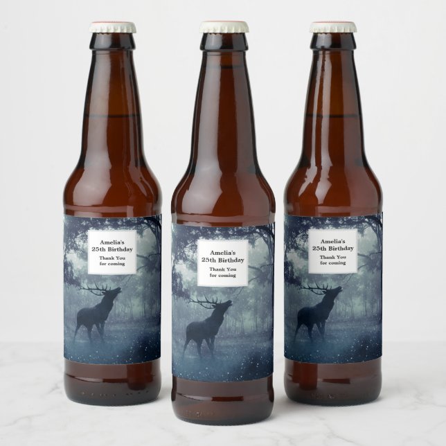 Deer with Antlers in a Shadowy Forest Birthday Beer Bottle Label (Bottles)