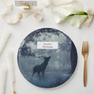 Deer with Antlers in a Shadowy Forest - Birthday Paper Plate