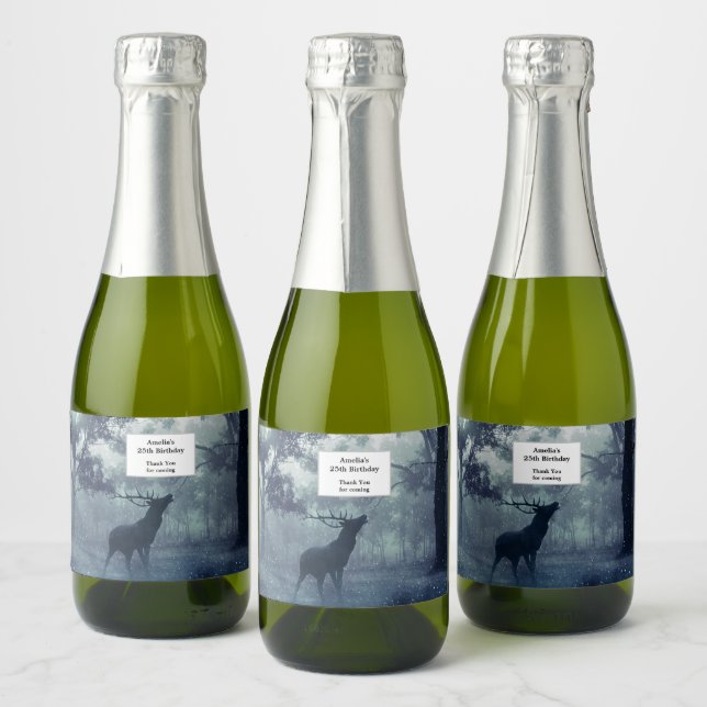Deer with Antlers in a Shadowy Forest Birthday Sparkling Wine Label (Bottles)