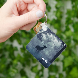 Deer with Antlers in a Shadowy Forest Keychain