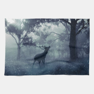 Deer with Antlers in a Shadowy Forest Kitchen Towel