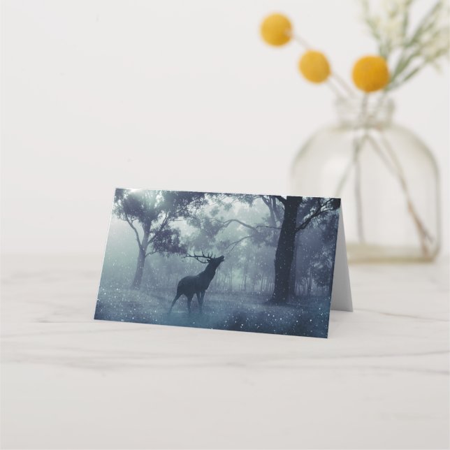 Deer with Antlers in a Shadowy Forest Place Card (Front)
