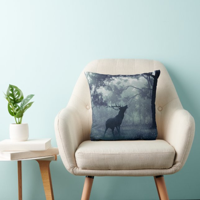Deer with Antlers in a Shadowy Forest Throw Pillow (Chair)