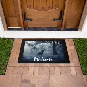 Deer with Antlers in a Shadowy Forest Welcome Doormat