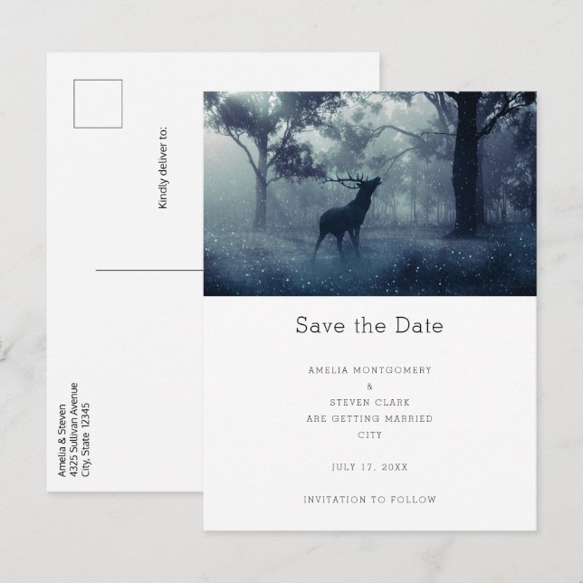 Deer with Antlers in Shadowy Forest Wedding Announcement Postcard (Front/Back)