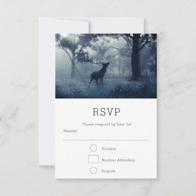 Deer with Antlers in Shadowy Forest Wedding RSVP Card (Front)