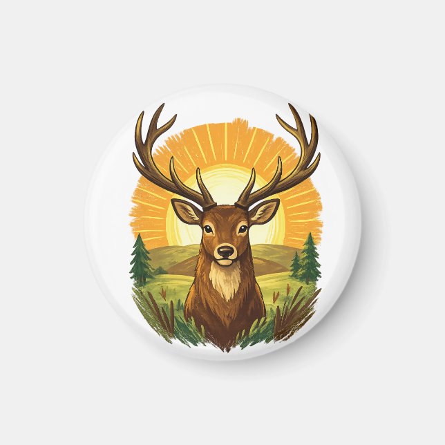 Deer with Antlers Sunset Forest Hunter Gift Magnet (Front)
