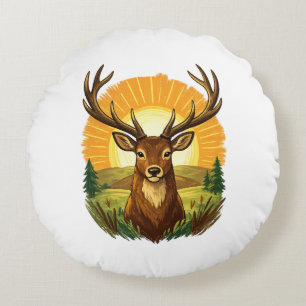 Deer with Antlers Sunset Forest Hunter Gift Round Pillow