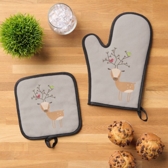 Deer with Birds Oven Mitt & Pot Holder Set (Top Down)