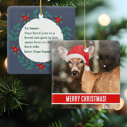 Deer with Christmas Hat in the Snow Whimsical   Ceramic Ornament