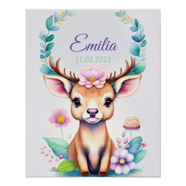 Deer with Flowers - Watercolor Kids Motif Poster (Front)
