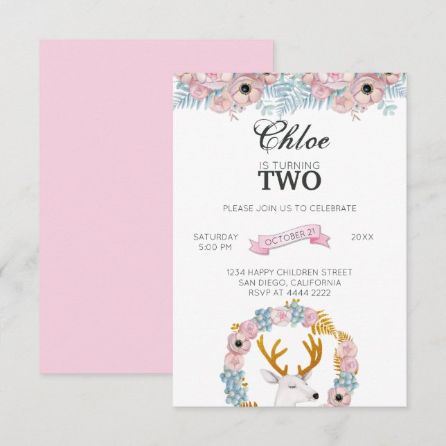 Deer With Glittering Horns Birthday Invitation (Front/Back)