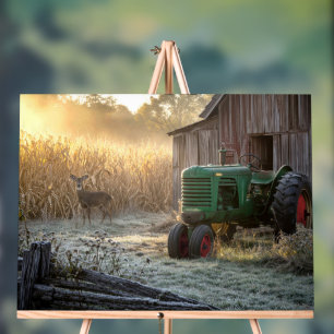 Deer with Green Vintage Tractor and Old Barn Acrylic Sign