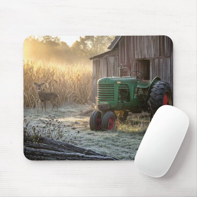 Deer with Green Vintage Tractor  Mouse Pad (With Mouse)
