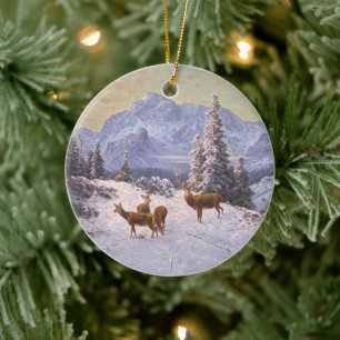 Deer with herd in winter, Christmas Tree Ceramic Ornament