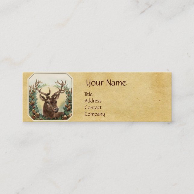 DEER WITH PINE CONES CROWN MONOGRAM PARCHMENT MINI BUSINESS CARD (Front)