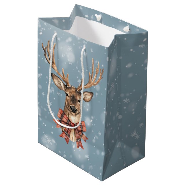 Deer With Plaid Bow Christmas Snow Falling Medium Gift Bag (Front Angled)