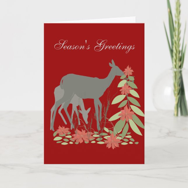 Deer with Poinsettia Tree Holiday Card (Front)