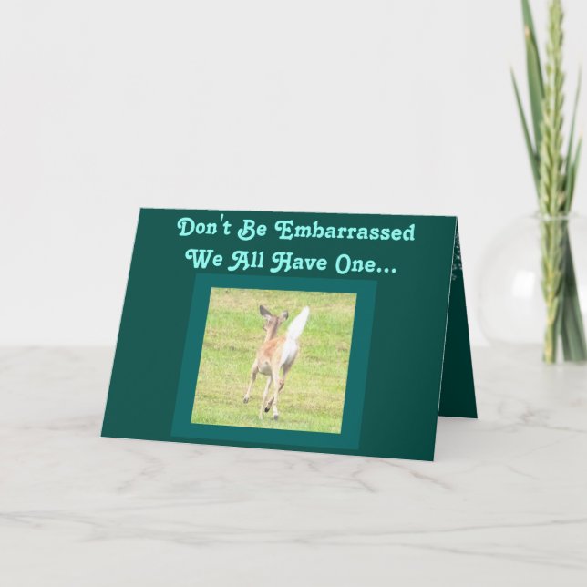 Deer, With Raised Tail, On Funny Birthday Card (Front)