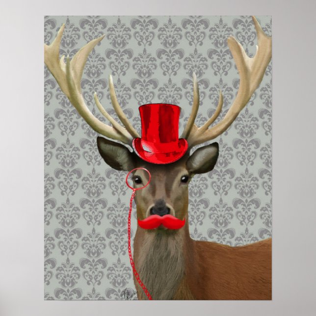 Deer With Red Hat and Moustache Poster (Front)