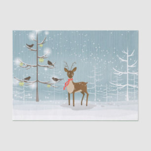 Deer With Red Scarf And Birds In The Snowy Woods Tissue Paper