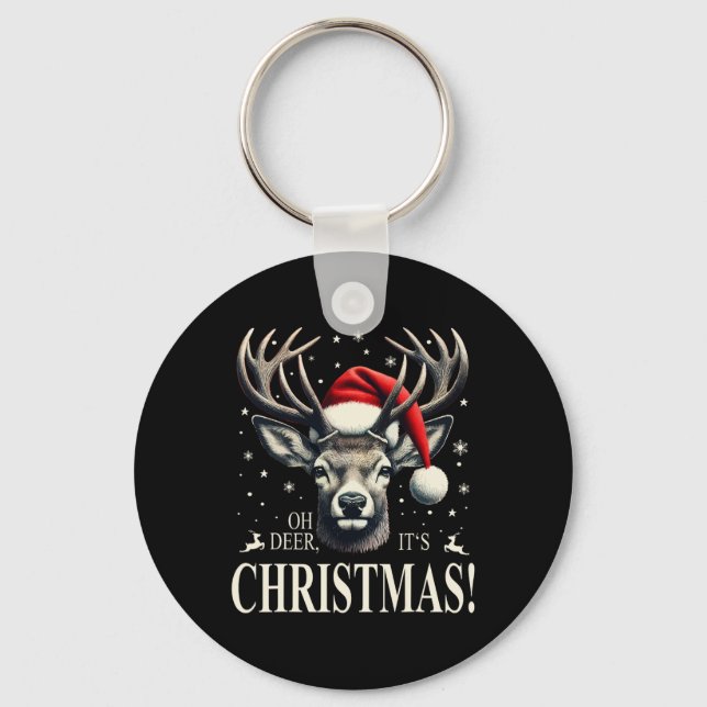 Deer With Santa Hat Oh Deer It's Christmas  Keychain (Front)
