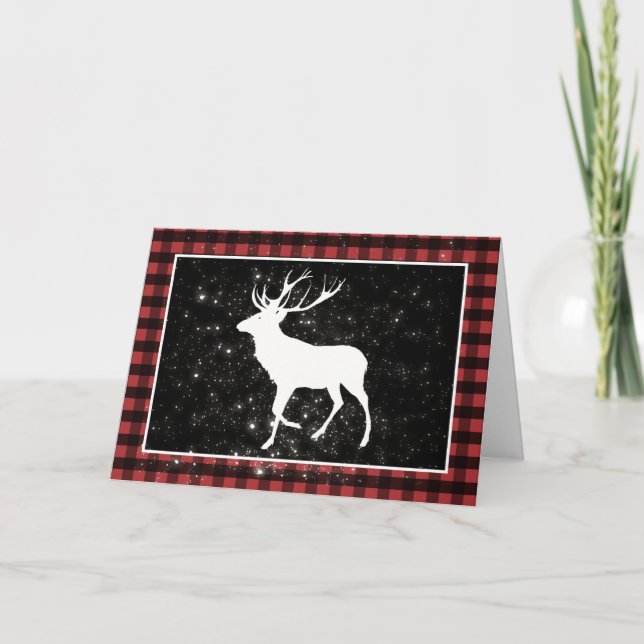 Deer with Snow on a Buffalo Check Christmas Card (Front)