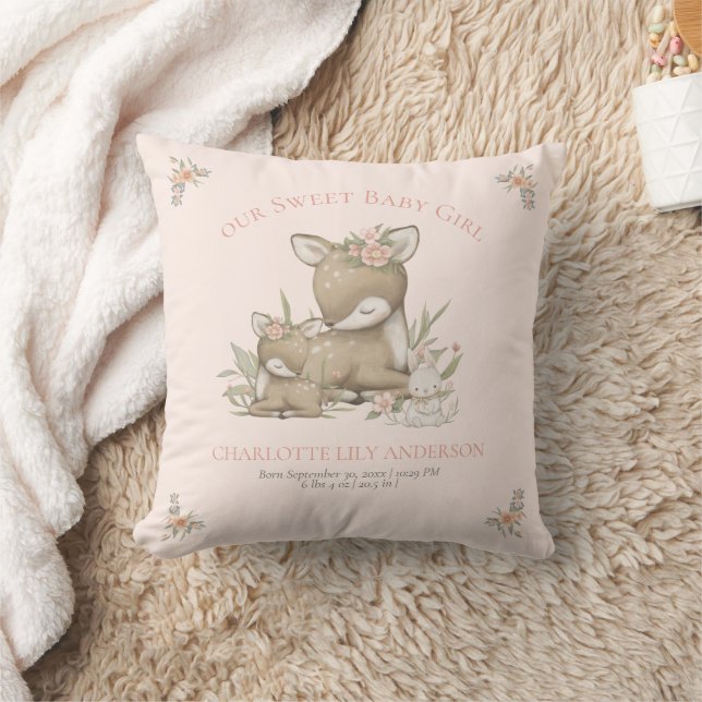 Deer Woodland Baby Girl Birth Stats Nursery Decor Throw Pillow (Blanket)